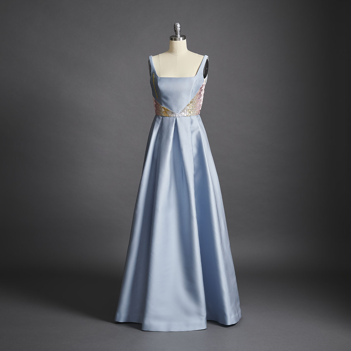 Reminiscent of a shimmering mosaic, this silk pale blue taffeta dress is embellished with hand-cut tesserae and the designer's signature metallic thread. - DELPHINE GENIN